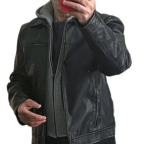 KENNETH COLE Vintage Mens M/L Black Bomber Moto Jacket w/ Zip-Out Fleece Hood - Picture 1 of 9